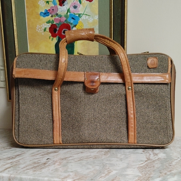 Vintage Hartmann Brown Tweed and Leather Carry-On Luggage - Picture 1 of 17